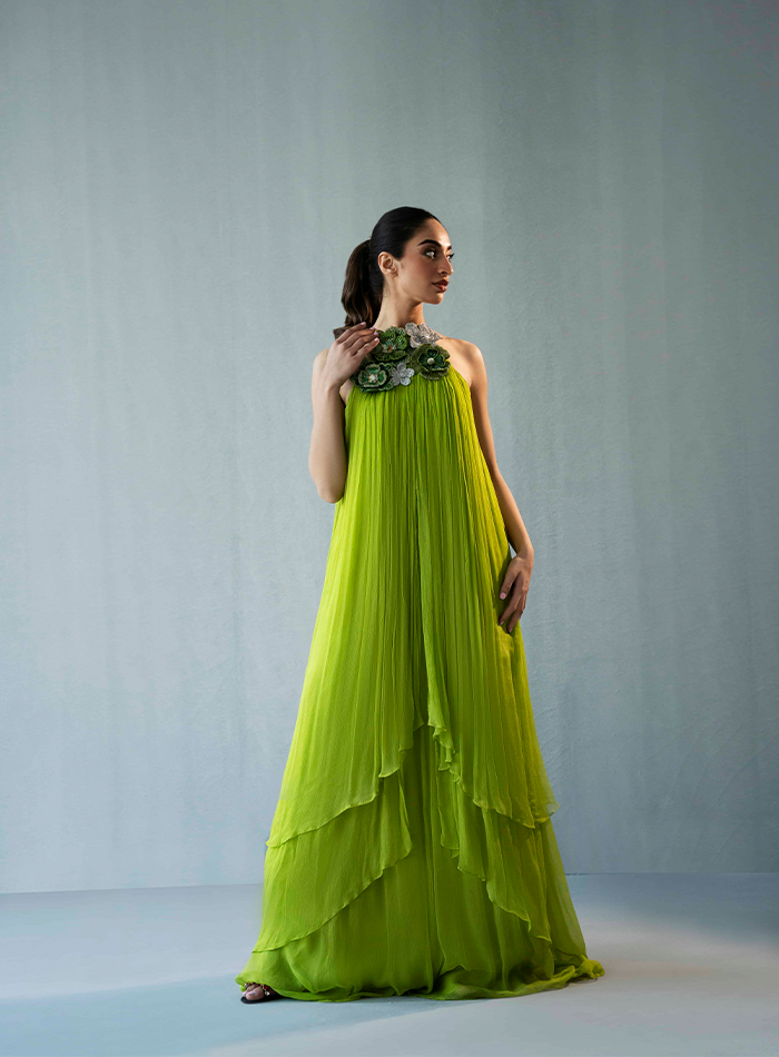 Green Chiffon Dress with 3D floral Embellished Neckline