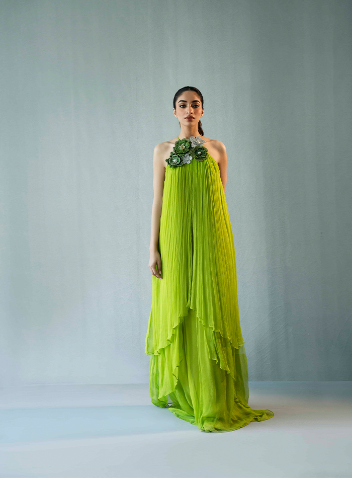 Green Chiffon Dress with 3D floral Embellished Neckline
