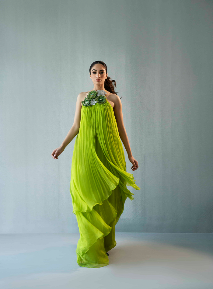Green Chiffon Dress with 3D floral Embellished Neckline