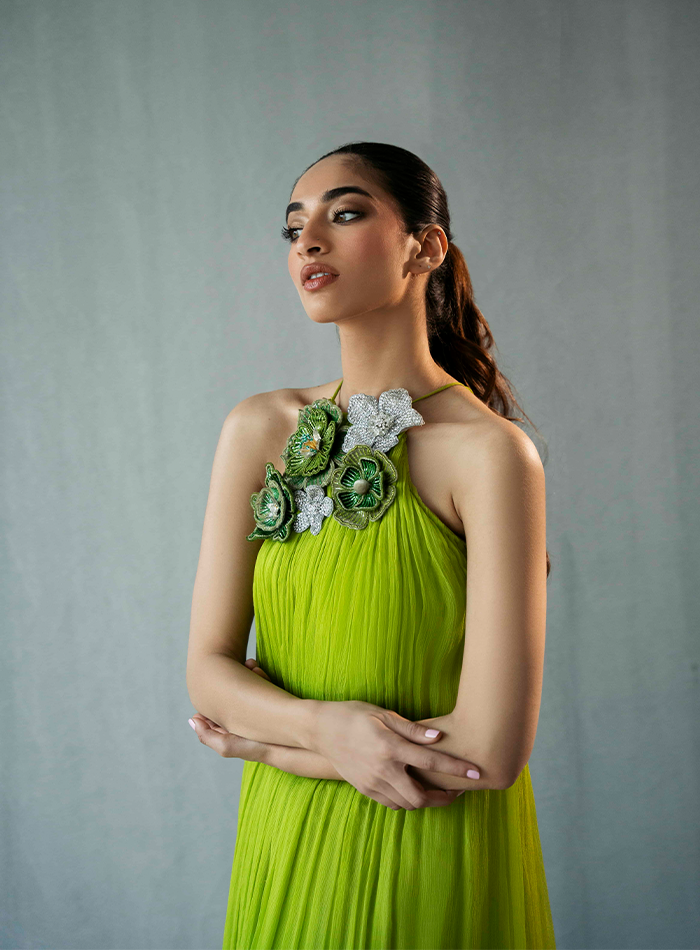 Green Chiffon Dress with 3D floral Embellished Neckline