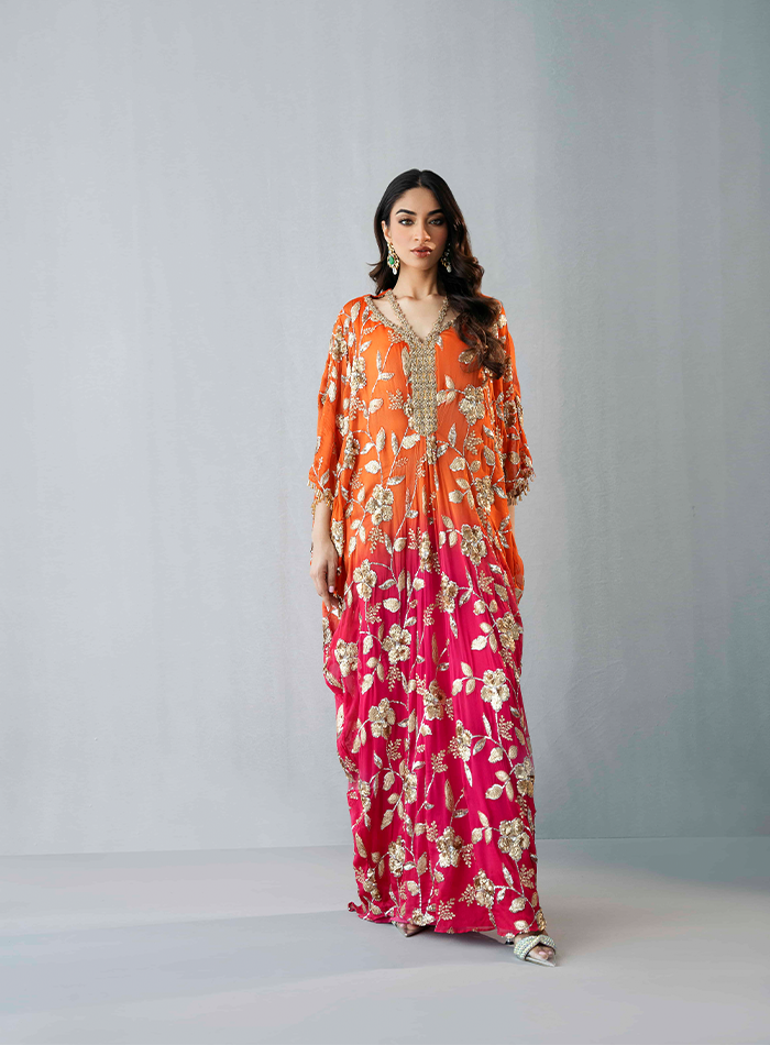 Ombrè Kaftan with Hand Embellished Neckline