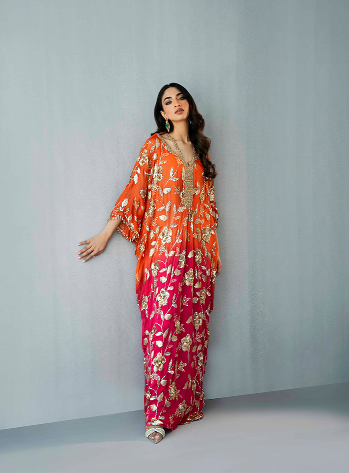 Ombrè Kaftan with Hand Embellished Neckline
