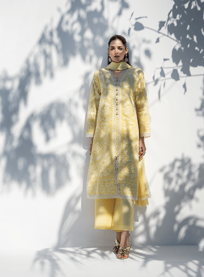 Yellow and White Embroidered Long Tunic with Embroidered Chiffon Dupatta and Izaar
