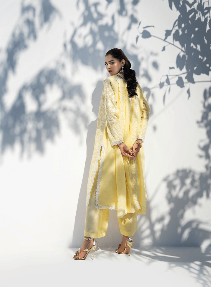 Yellow and White Embroidered Long Tunic with Embroidered Chiffon Dupatta and Izaar