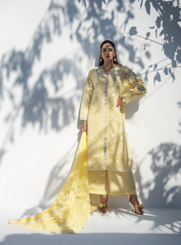Yellow and White Embroidered Long Tunic with Embroidered Chiffon Dupatta and Izaar