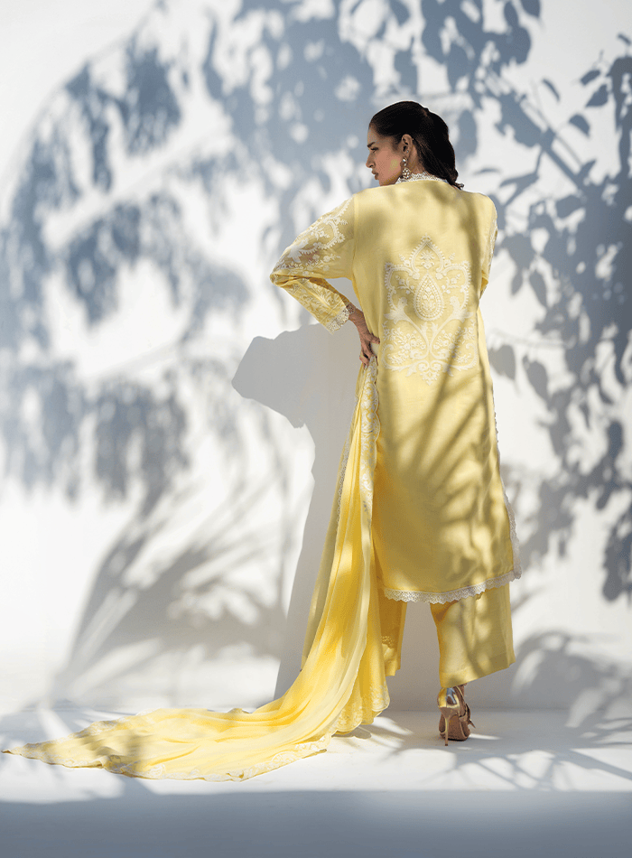 Yellow and White Embroidered Long Tunic with Embroidered Chiffon Dupatta and Izaar
