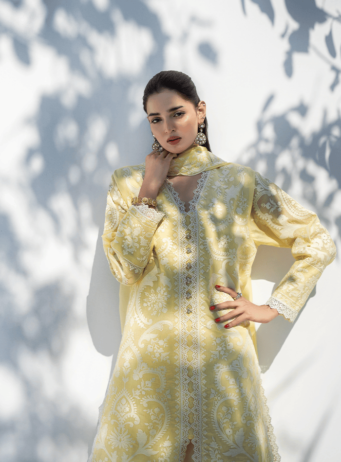 Yellow and White Embroidered Long Tunic with Embroidered Chiffon Dupatta and Izaar