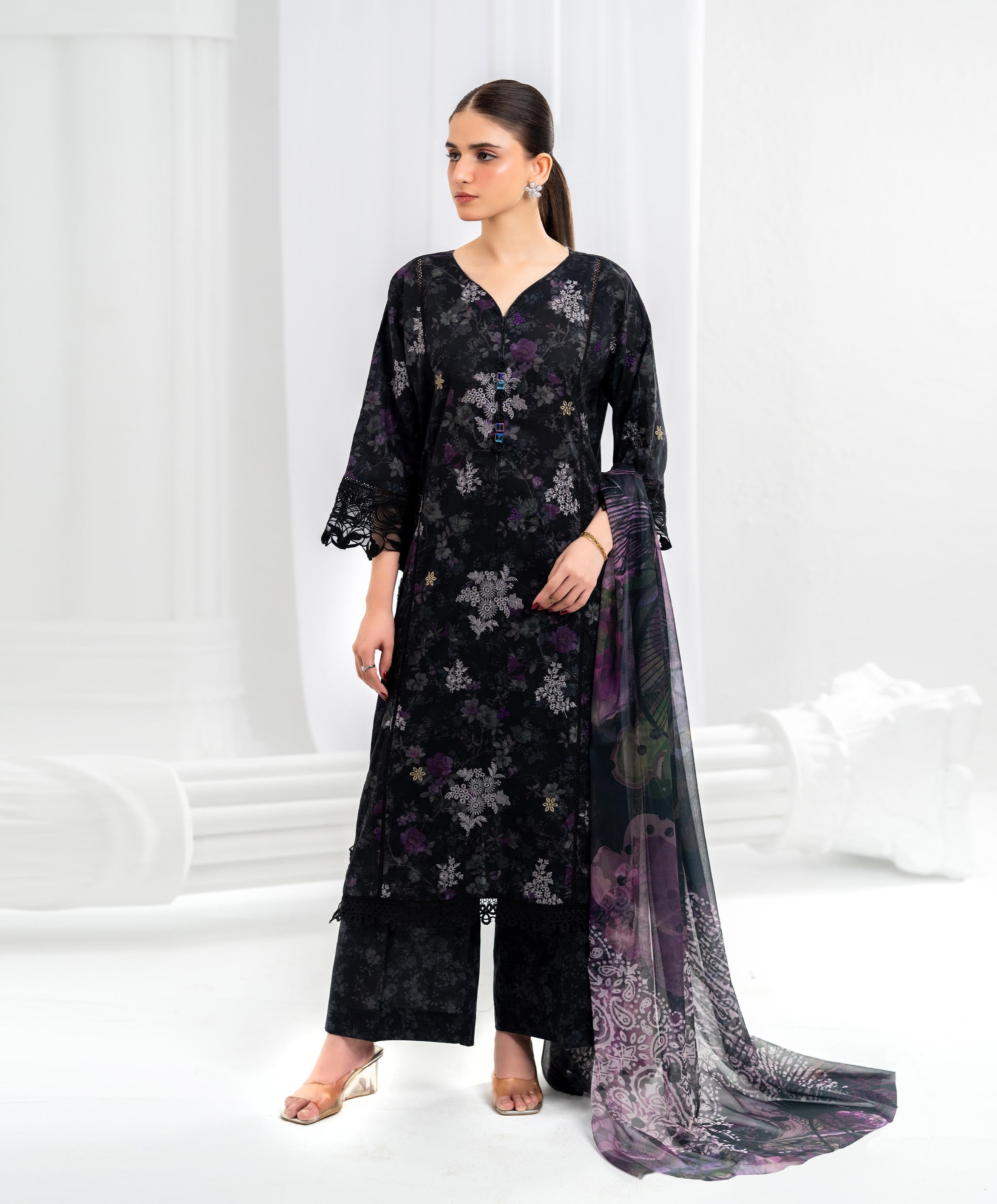 KEP-3P-002 BLACK-LAWN STITCHED 3PC