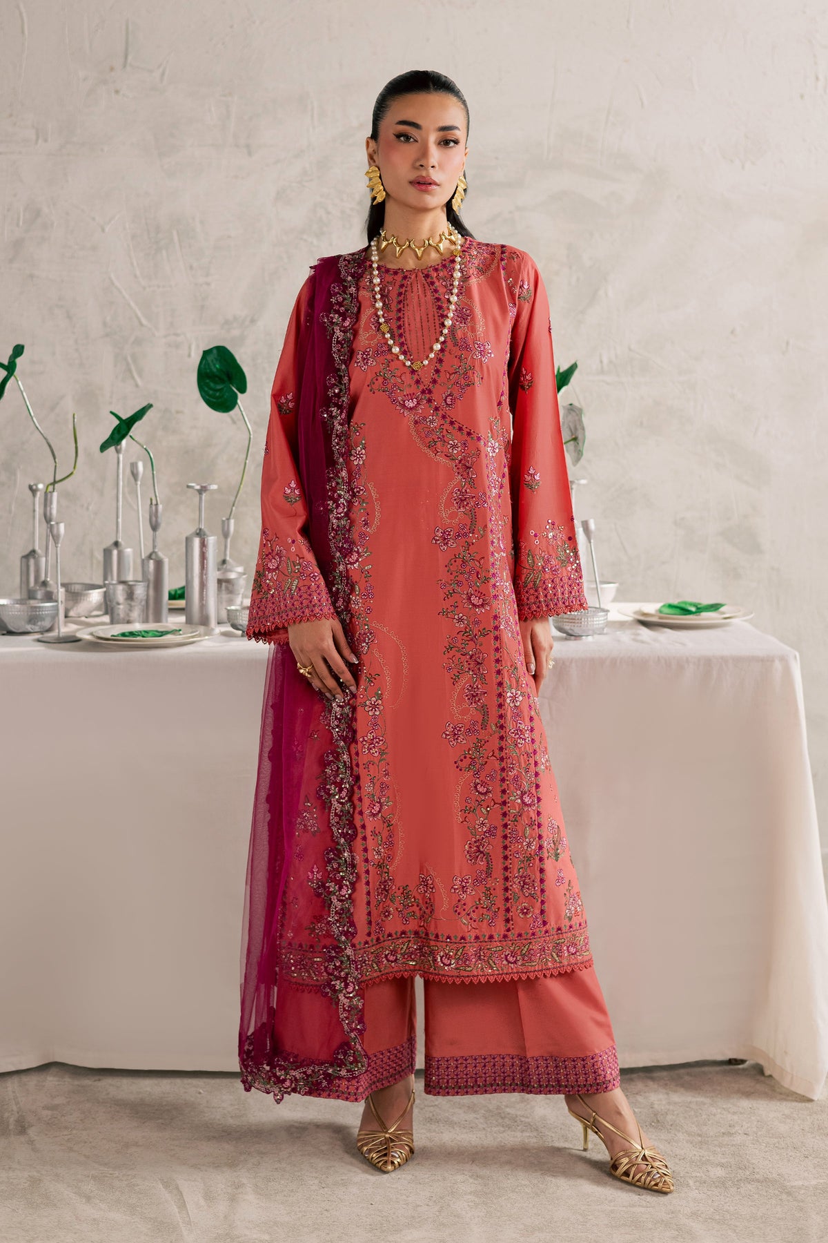 Rust Nazneen 3Pc - Festive Embroidered Lawn