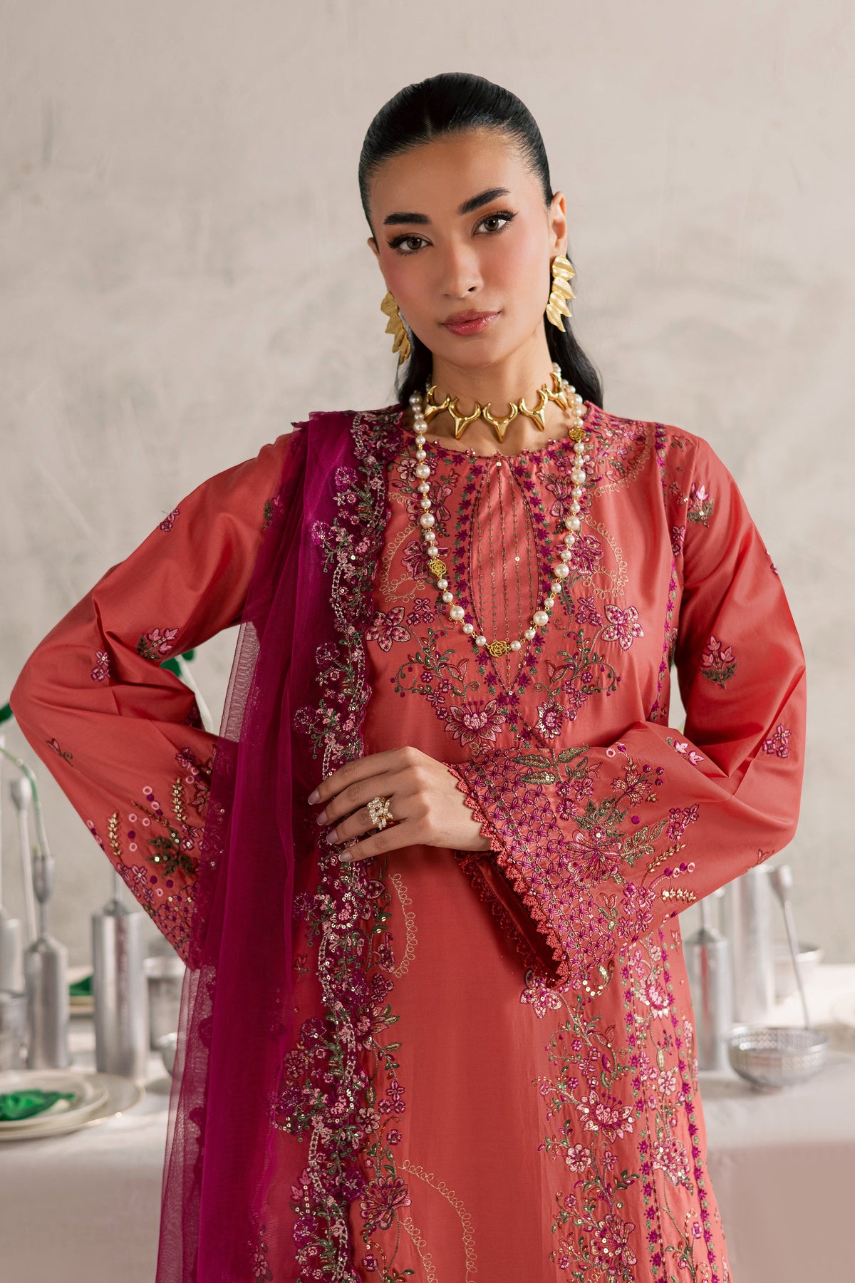 Rust Nazneen 3Pc - Festive Embroidered Lawn