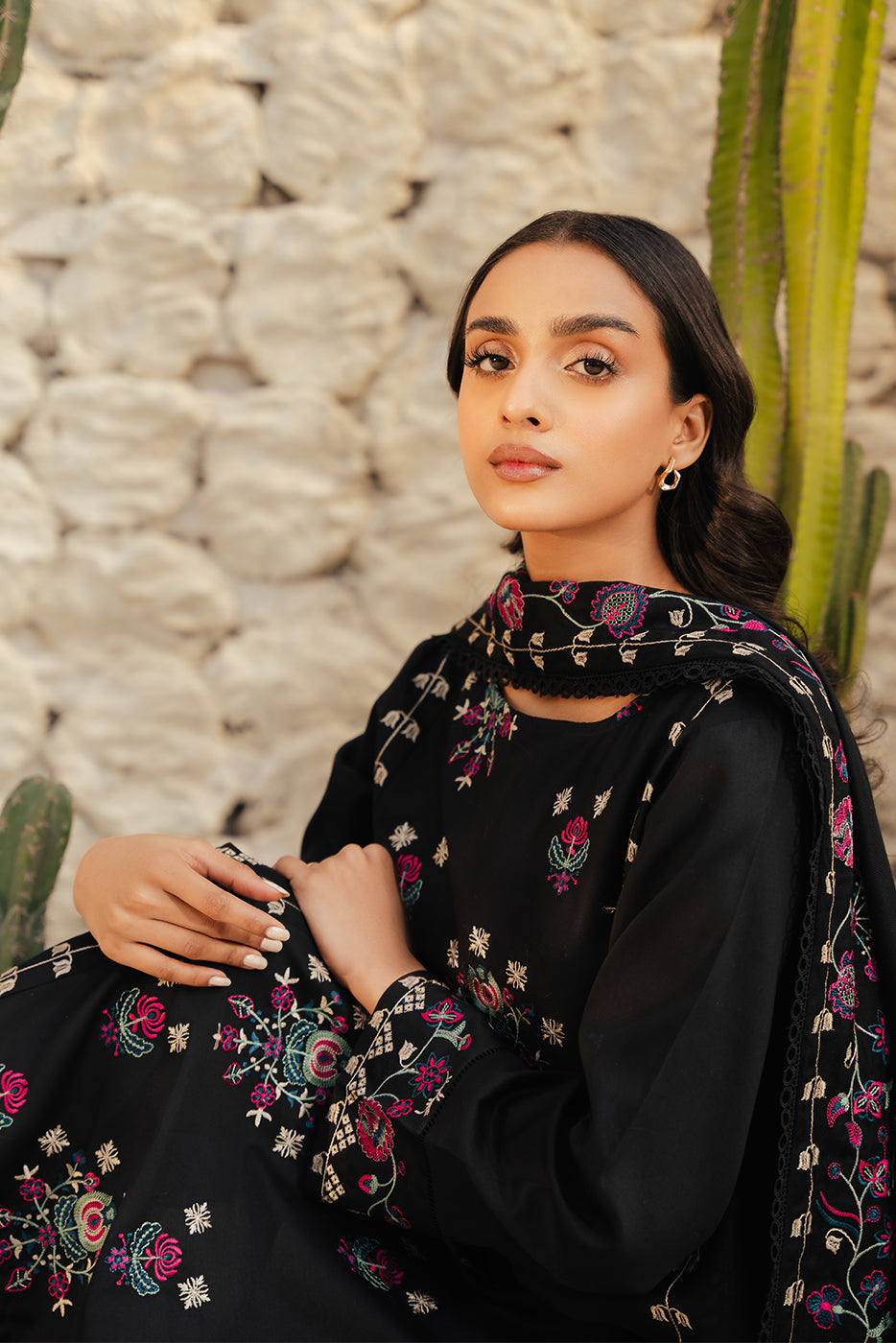 3 Piece - Embroidered Cotton Satin Suit With Embroidered Shawl - Midnight Orchid (Unstitched)