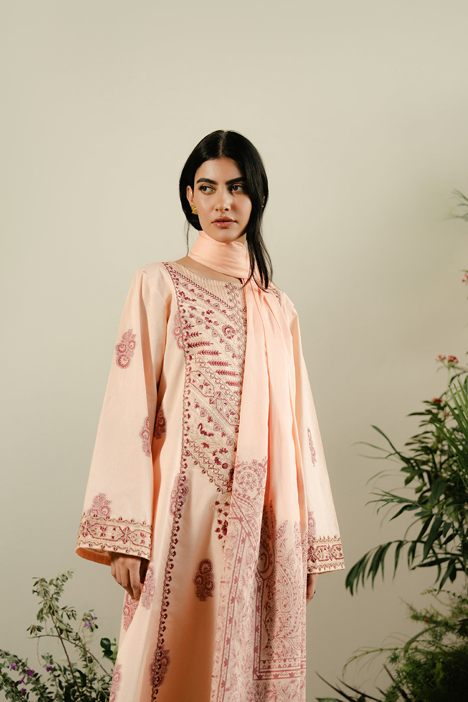 3 Piece Embroidered Jacquard Suit-Salmon Bliss (Unstitched)