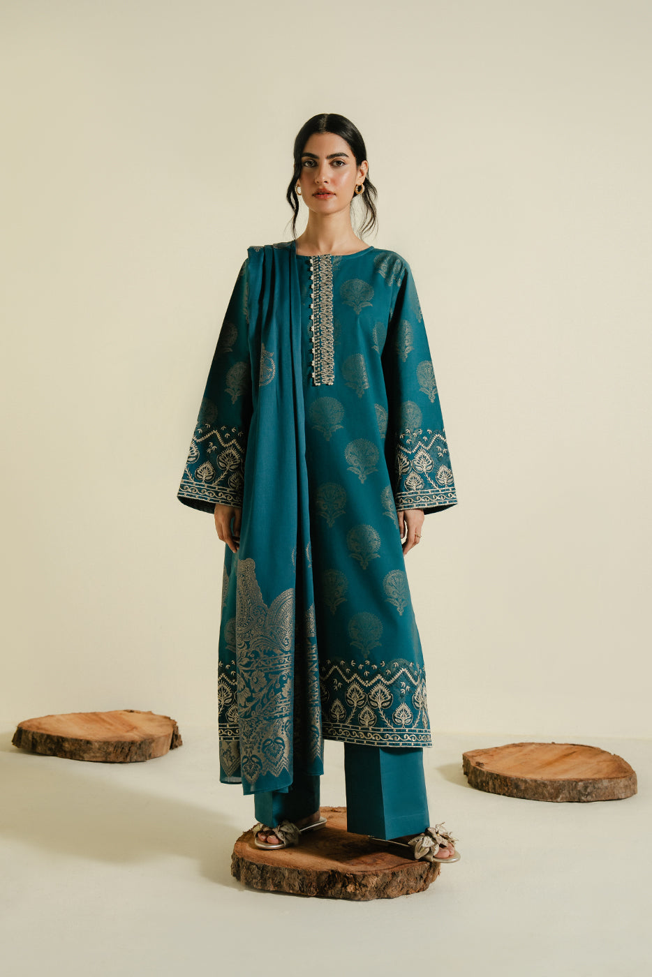 3 Piece Embroidered Jacquard Suit-Midnight Leaf (Unstitched)