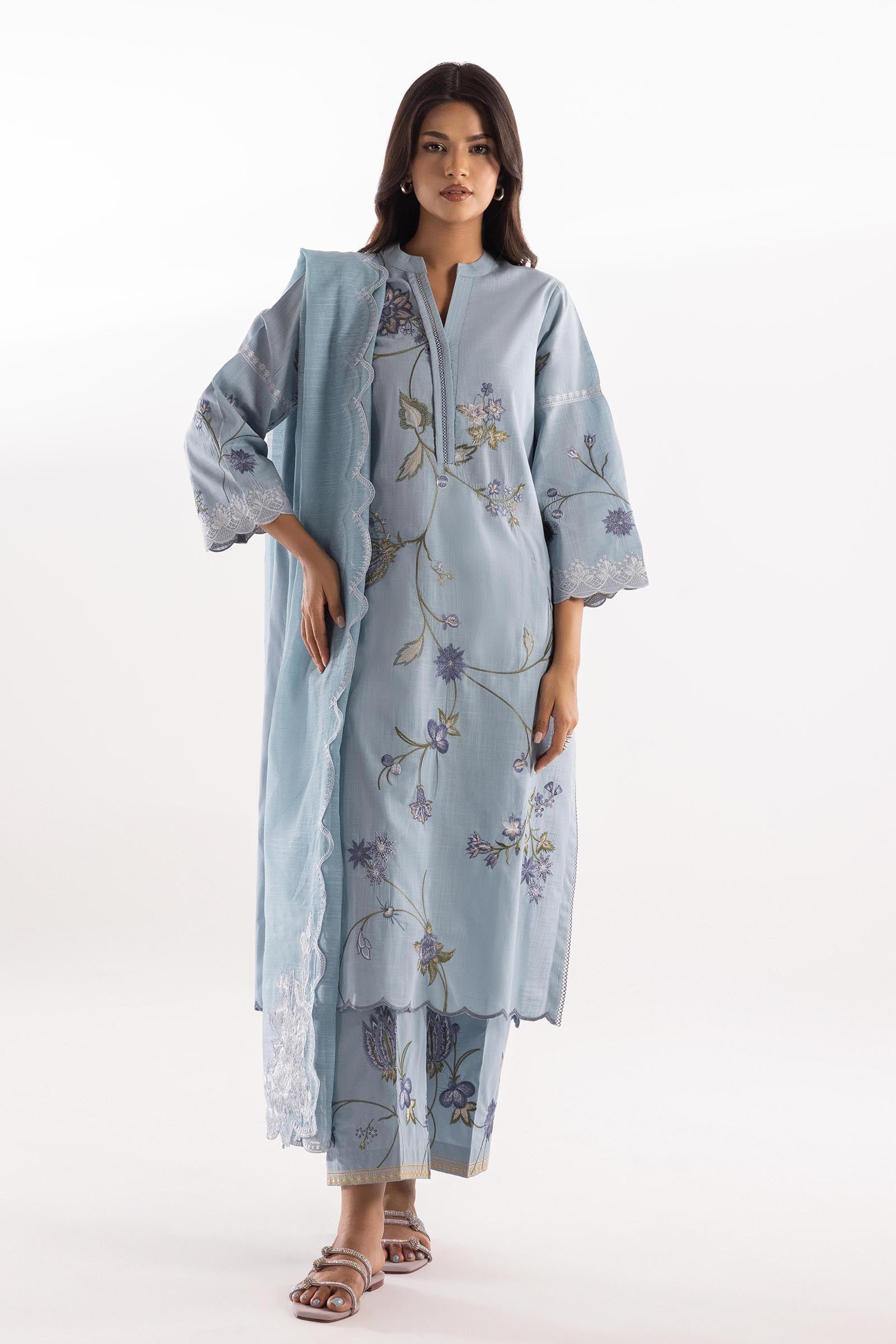 Stitched Embroidered Slub Lawn Shirt + Culotte