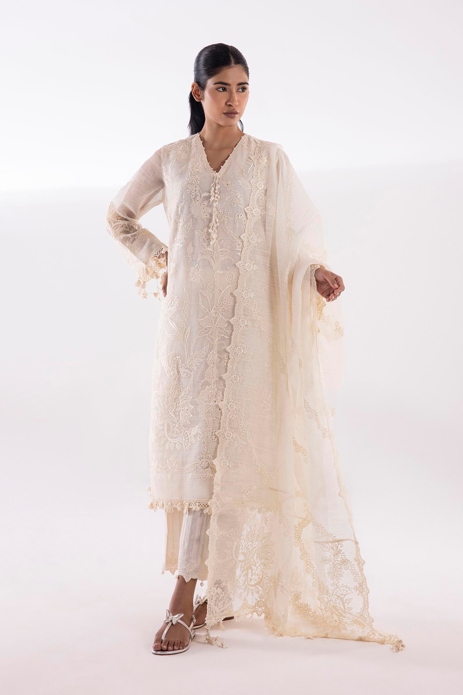 Stitched Embroidered Cotton Net Shirt