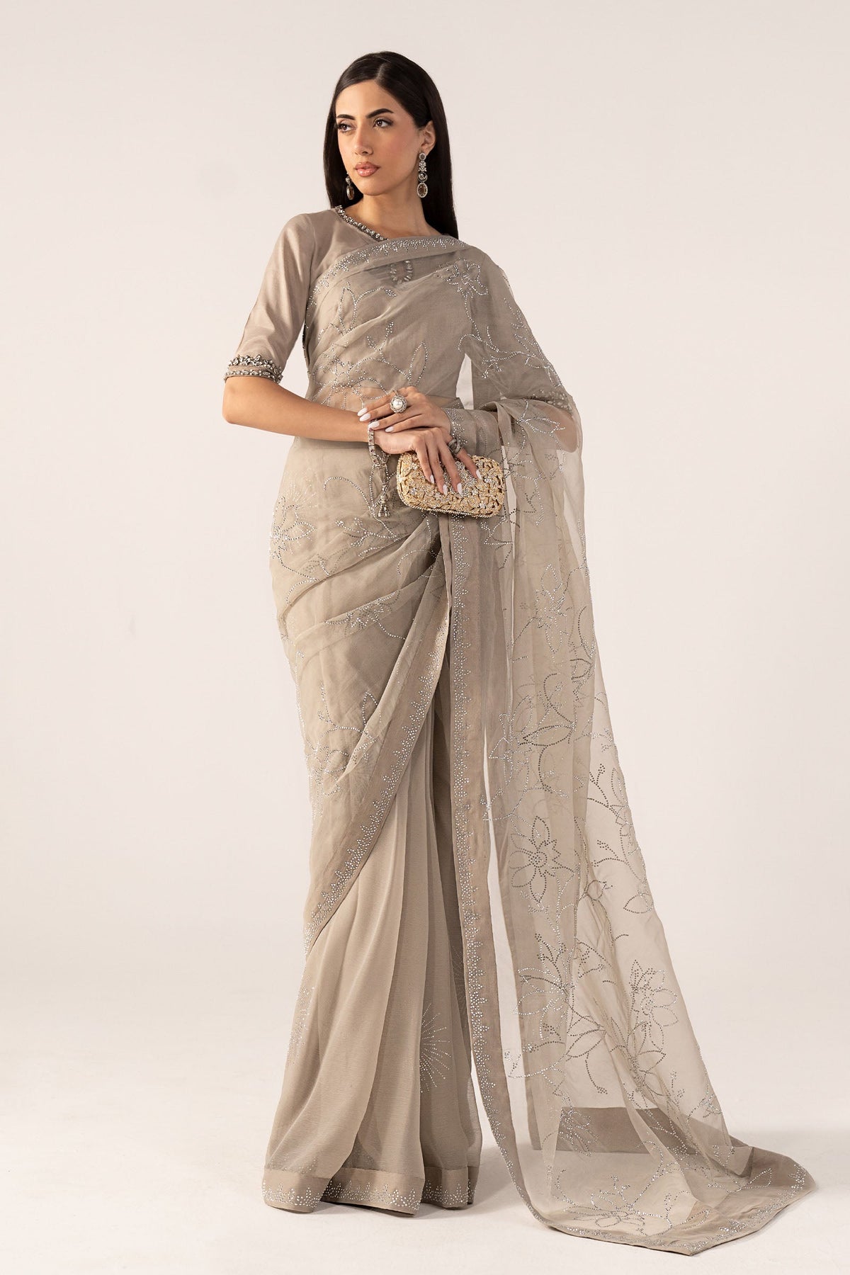 Embellished Chiffon Saree - SFP2602-ESM-GRY