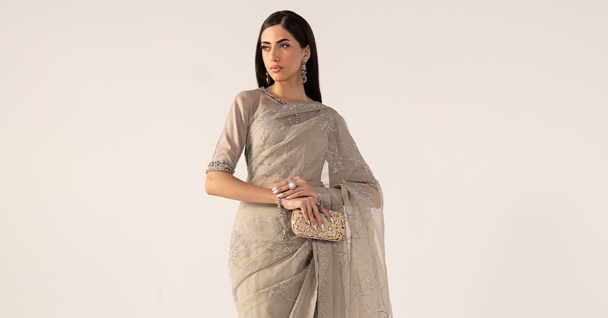 Embellished Chiffon Saree - SFP2602-ESM-GRY