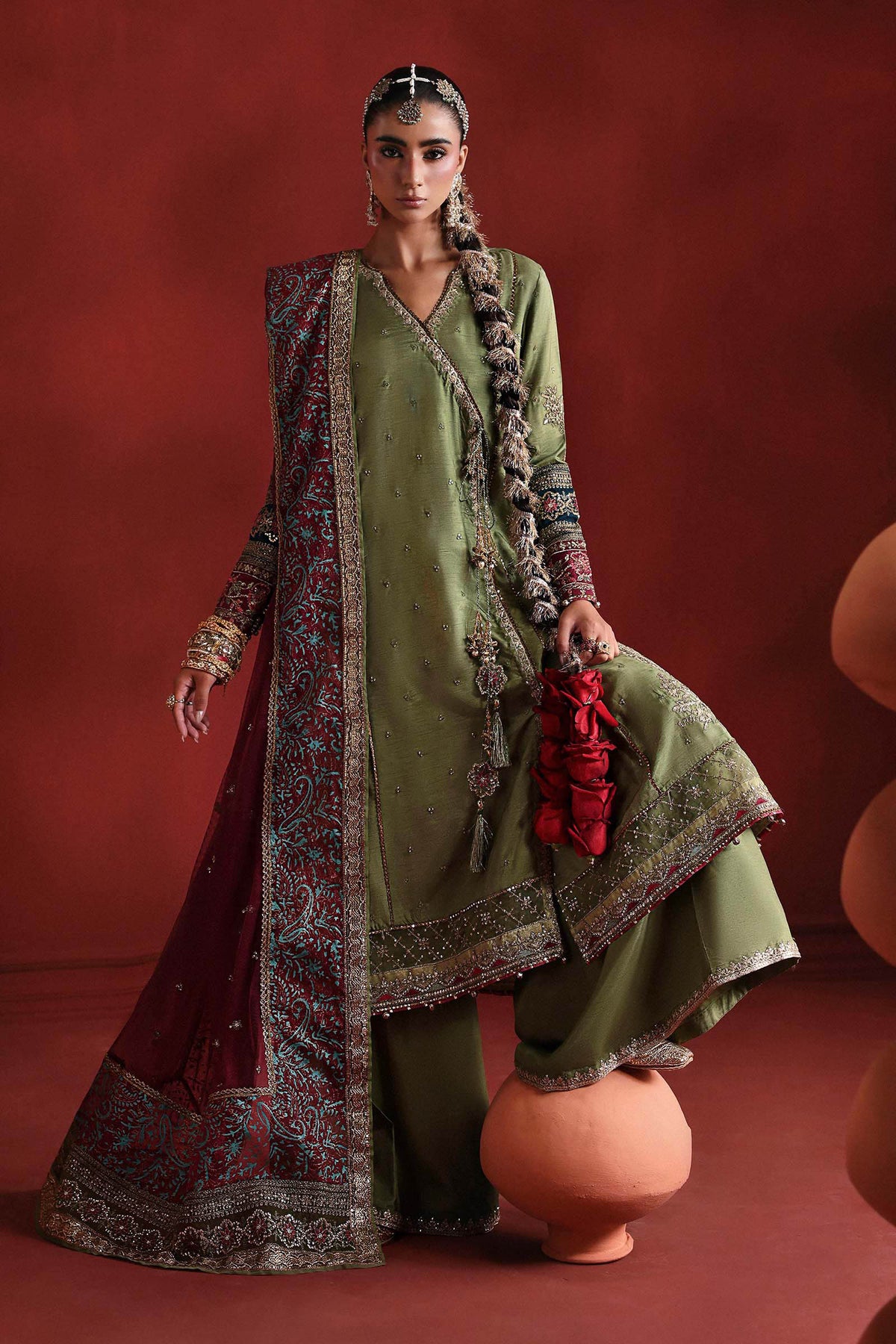 3 Piece Embroidered Raw Silk Suit - SFP2603-ESM-GRN