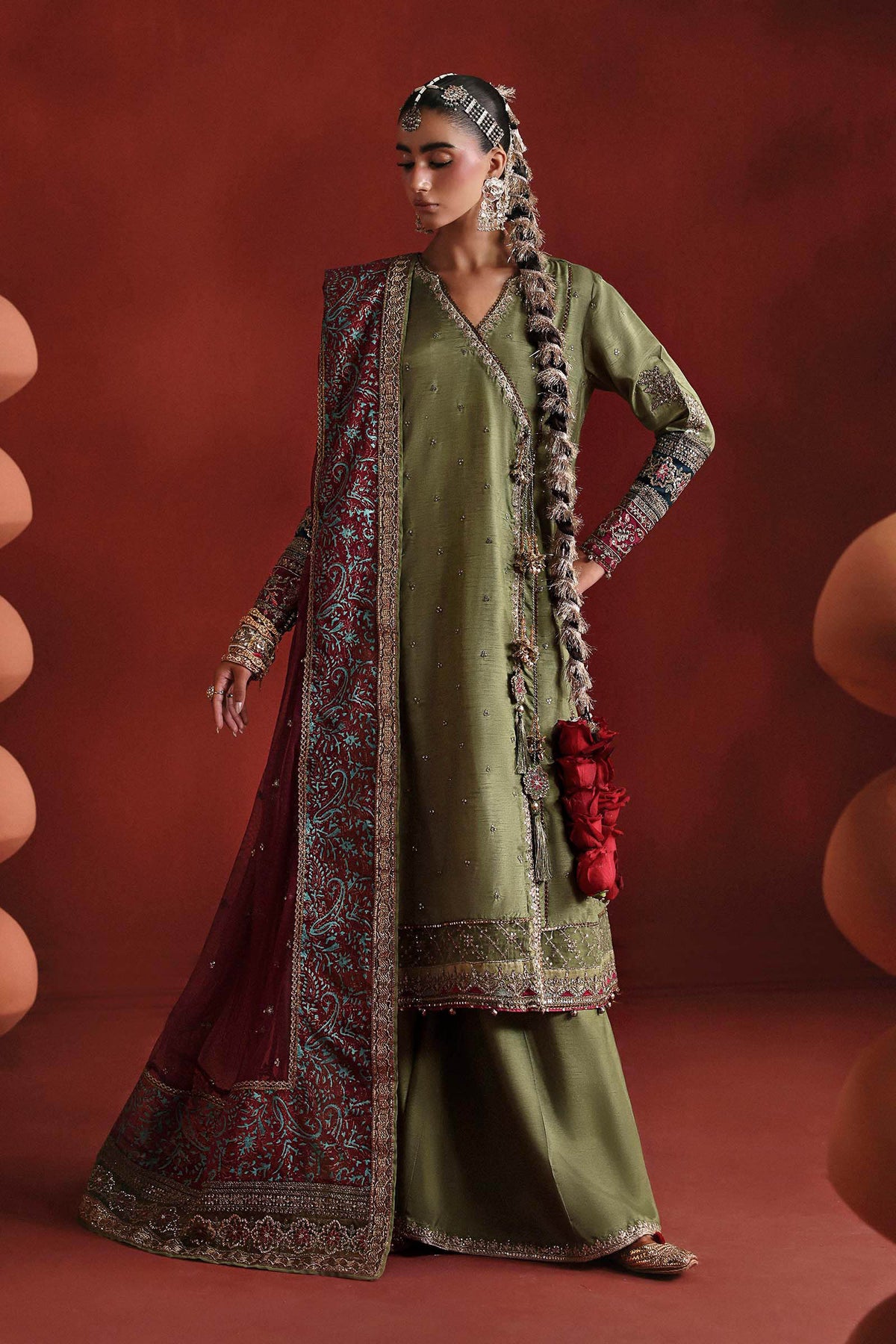 3 Piece Embroidered Raw Silk Suit - SFP2603-ESM-GRN