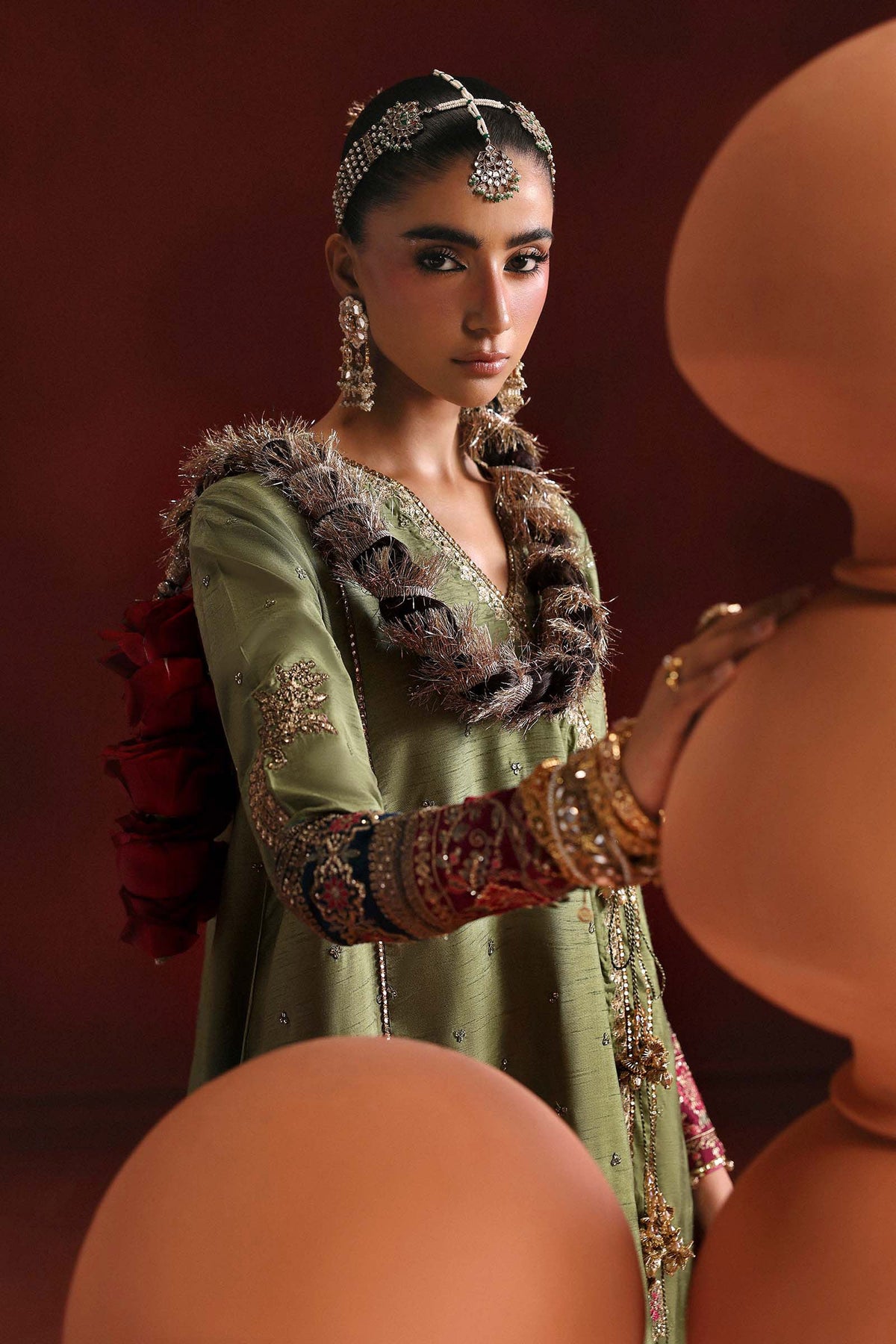 3 Piece Embroidered Raw Silk Suit - SFP2603-ESM-GRN