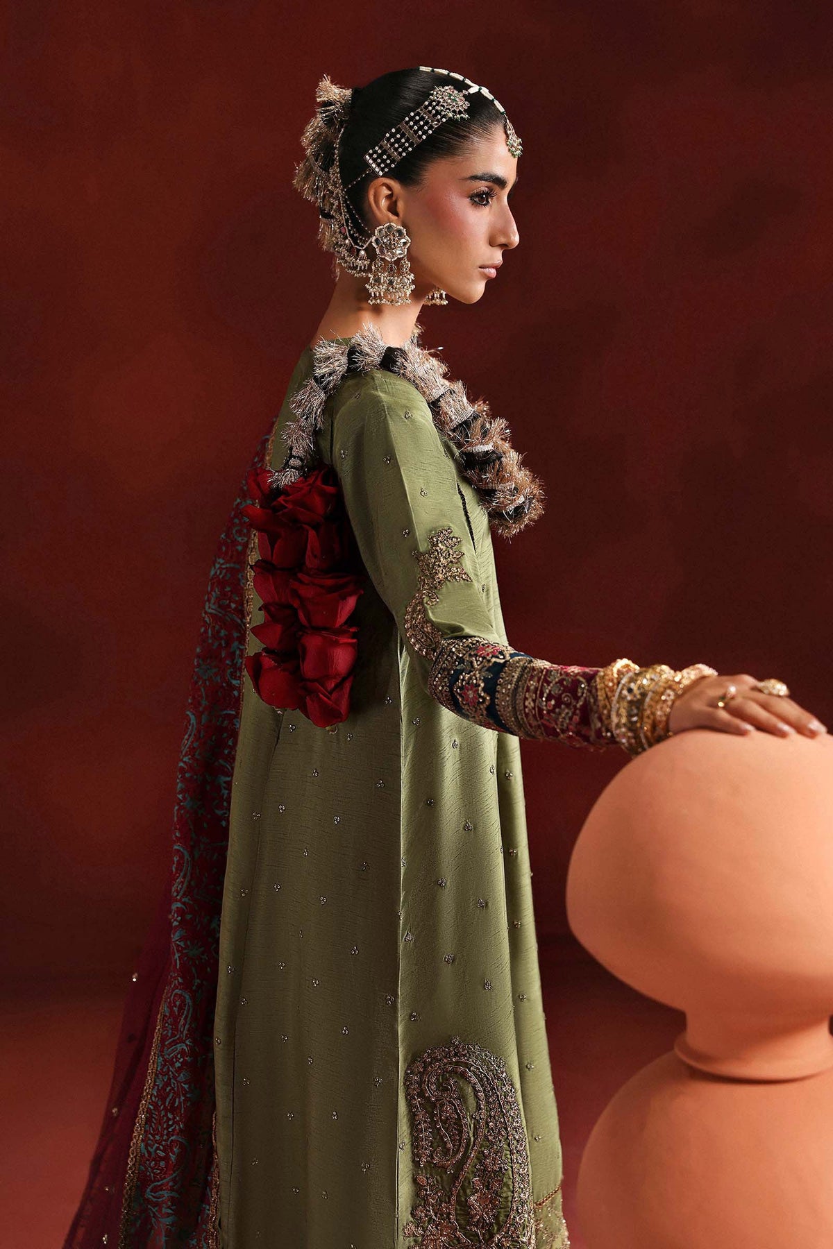 3 Piece Embroidered Raw Silk Suit - SFP2603-ESM-GRN