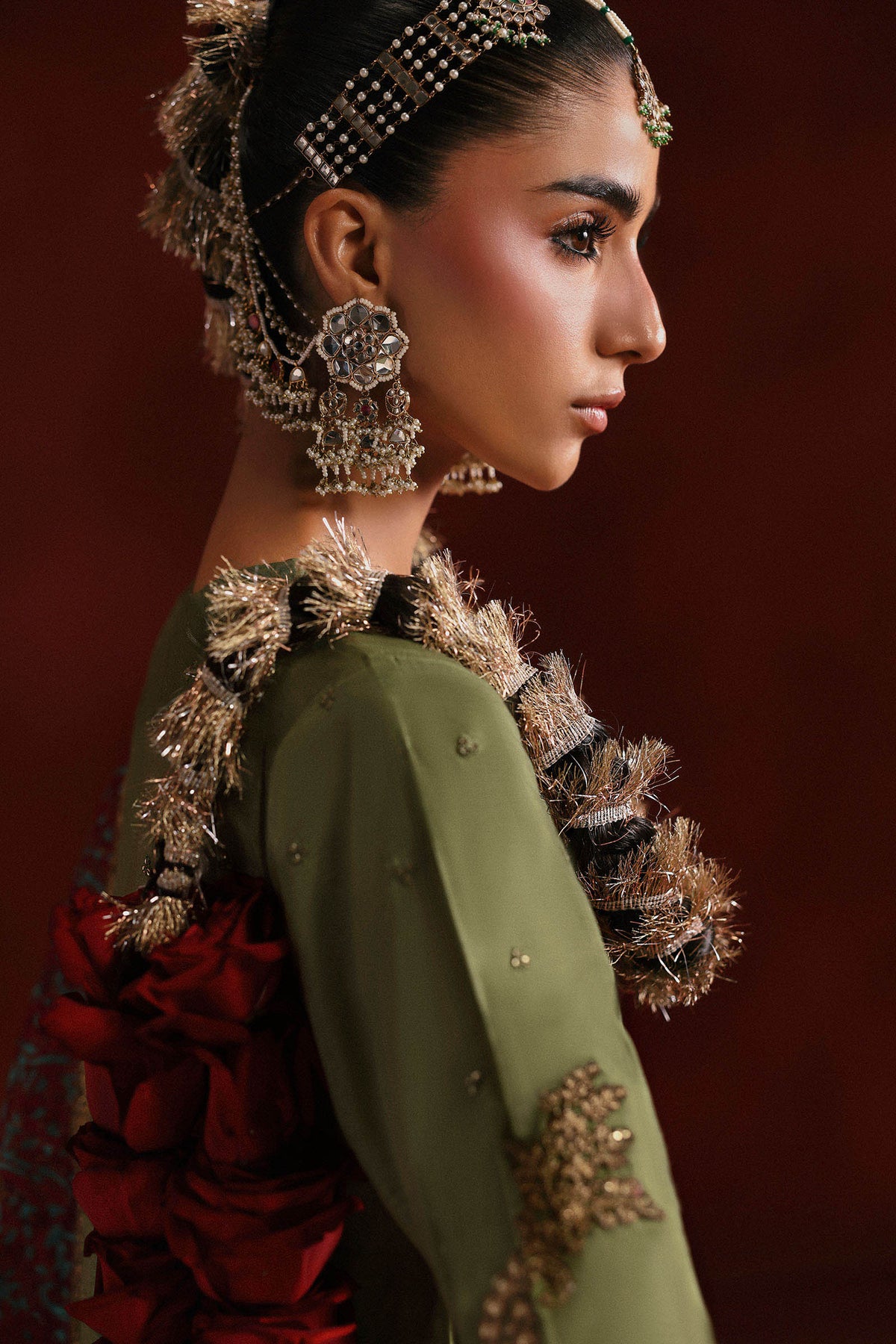 3 Piece Embroidered Raw Silk Suit - SFP2603-ESM-GRN