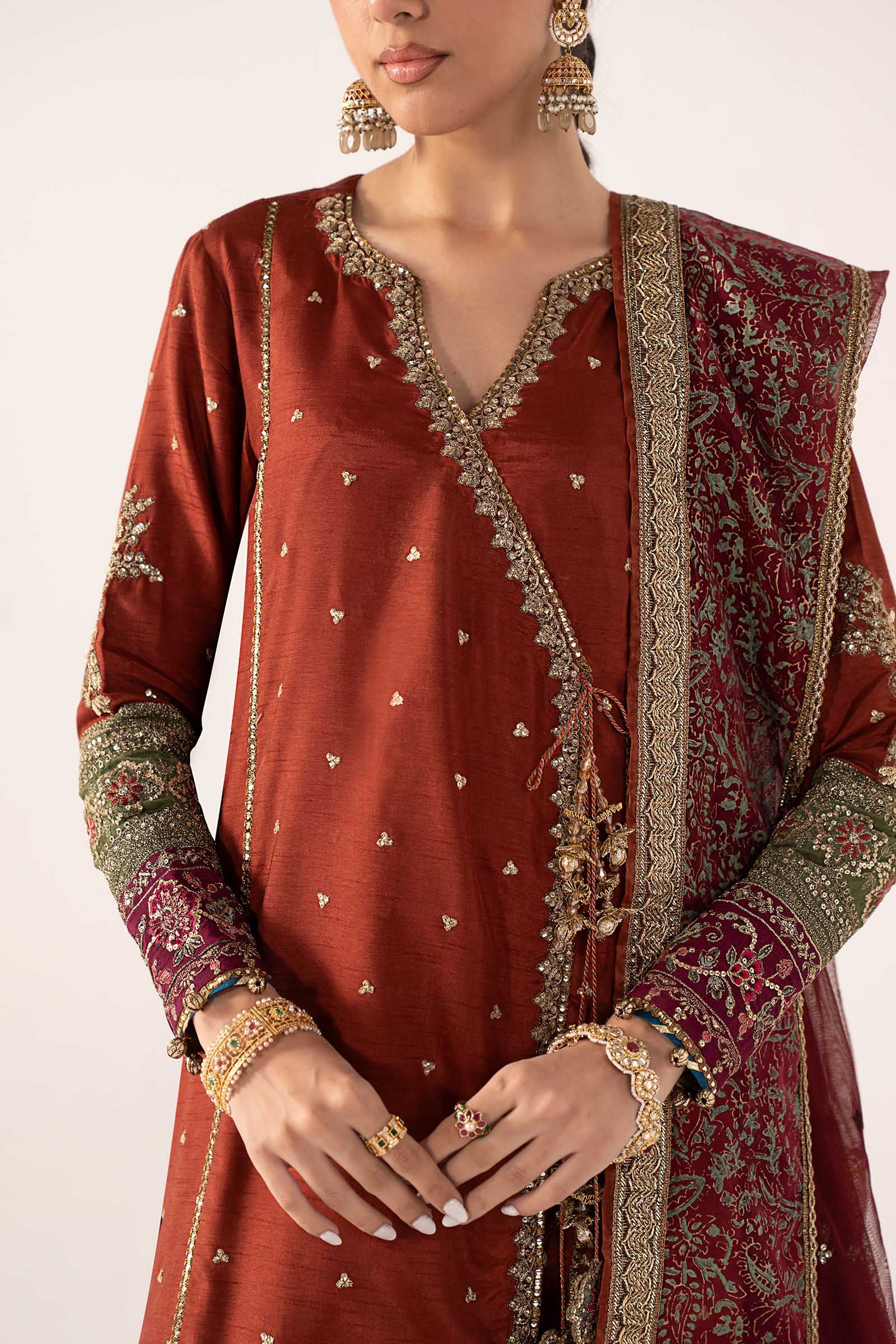3 Piece Embroidered Raw Silk Suit