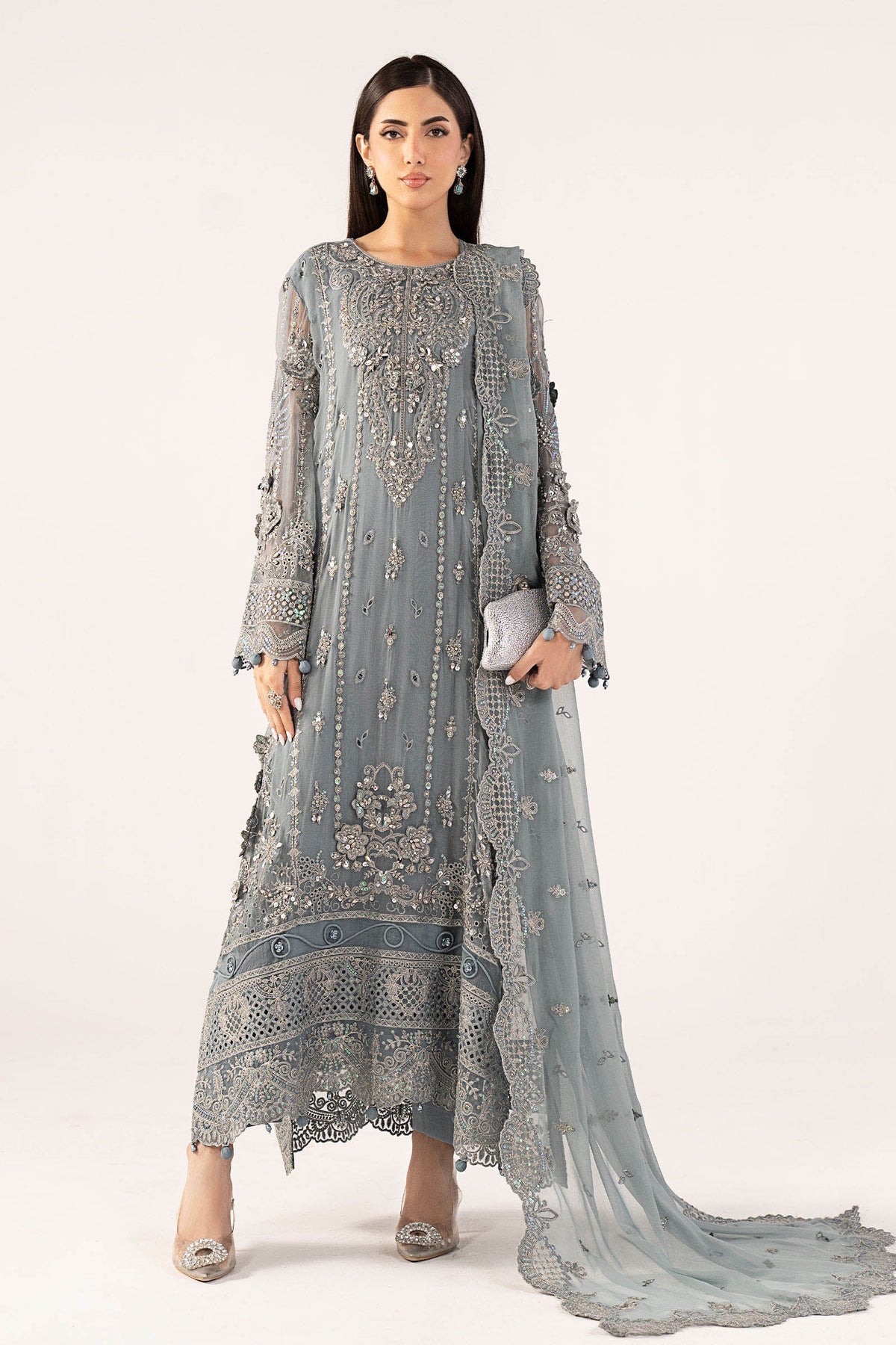 3 Piece Embroidered Chiffon Suit - SFF2605-ESM-BLU