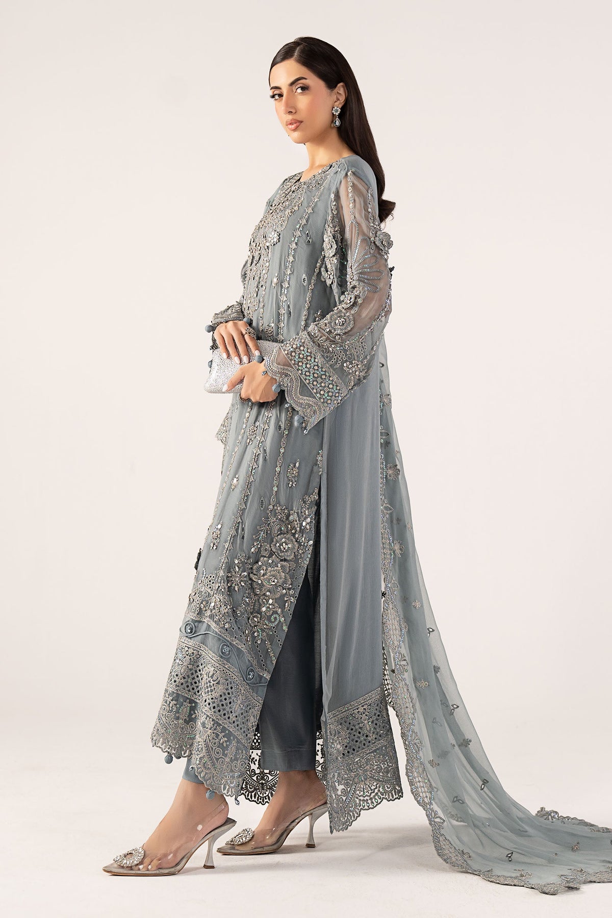 3 Piece Embroidered Chiffon Suit - SFF2605-ESM-BLU