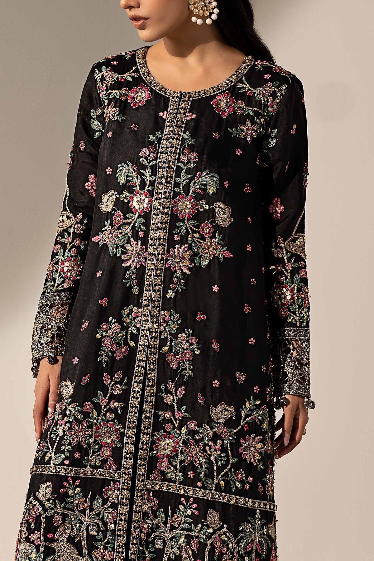 3 Piece Embroidered Tassel Silk Suit