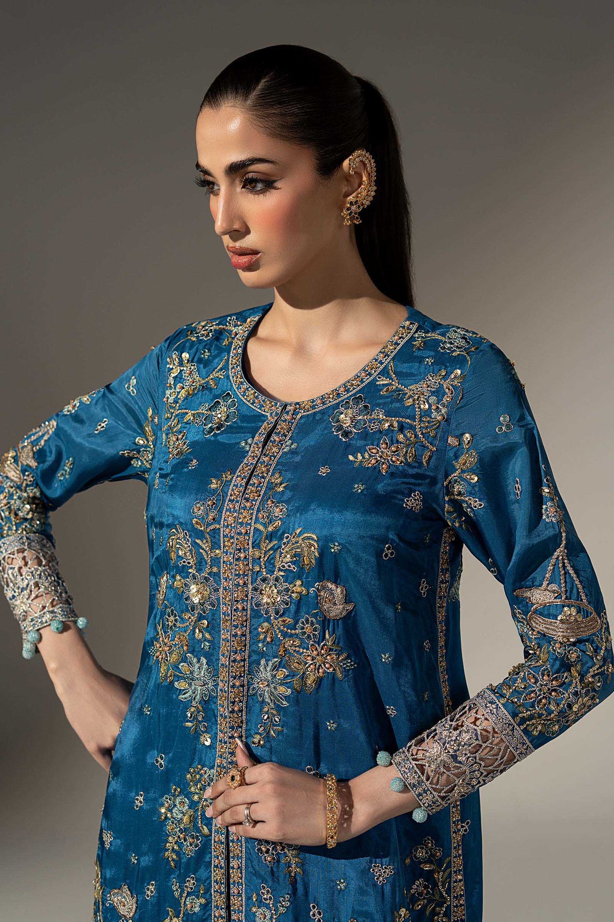 3 Piece Embroidered Tassel Silk Suit