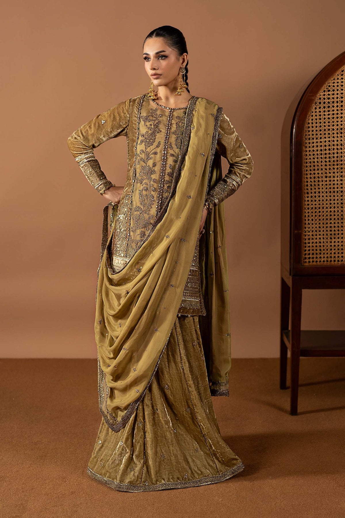 3 Piece Embroidered Velvet Suit - SFW2639-ESM-COF