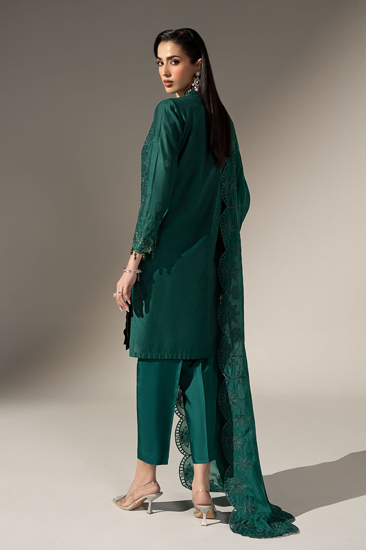 3 Piece Embroidered Black Warp Silk Suit