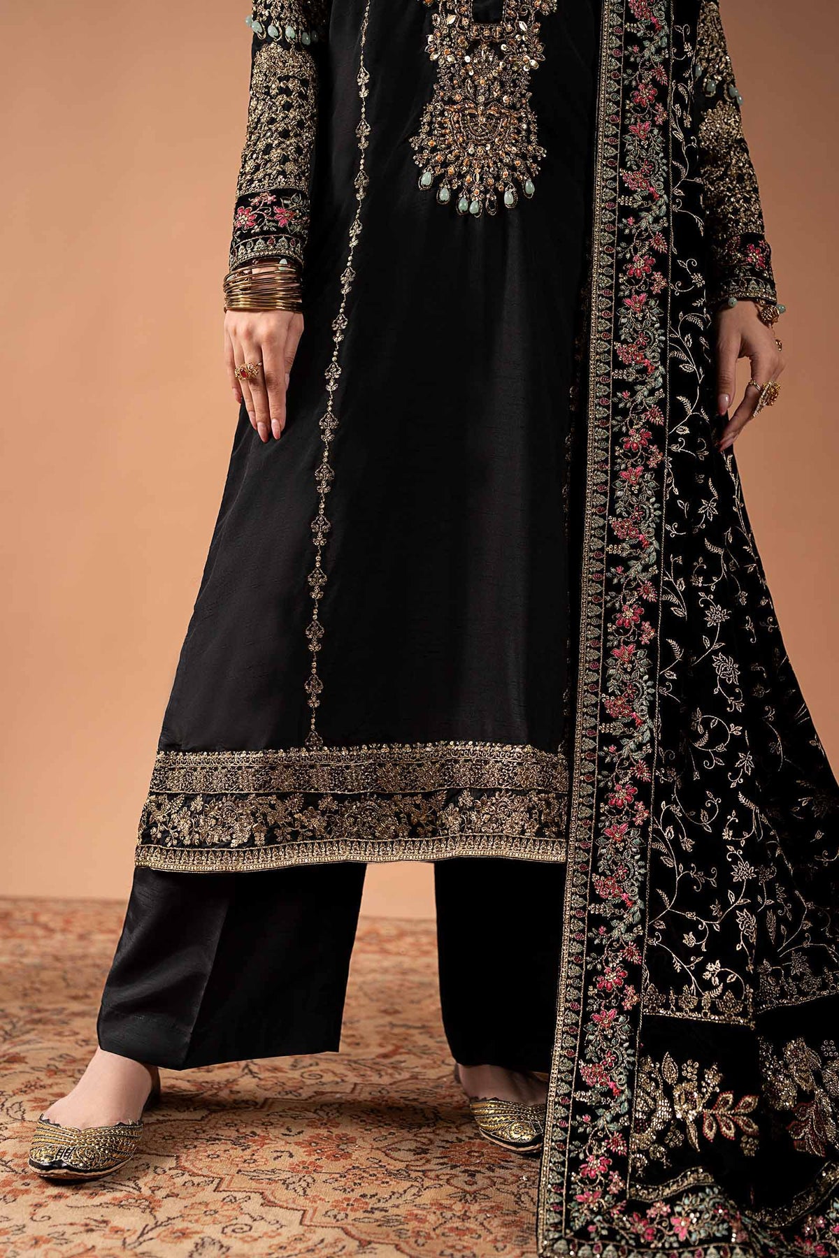 3 Piece Embroidered Raw Silk Suit - SF-W26-29-BLACK