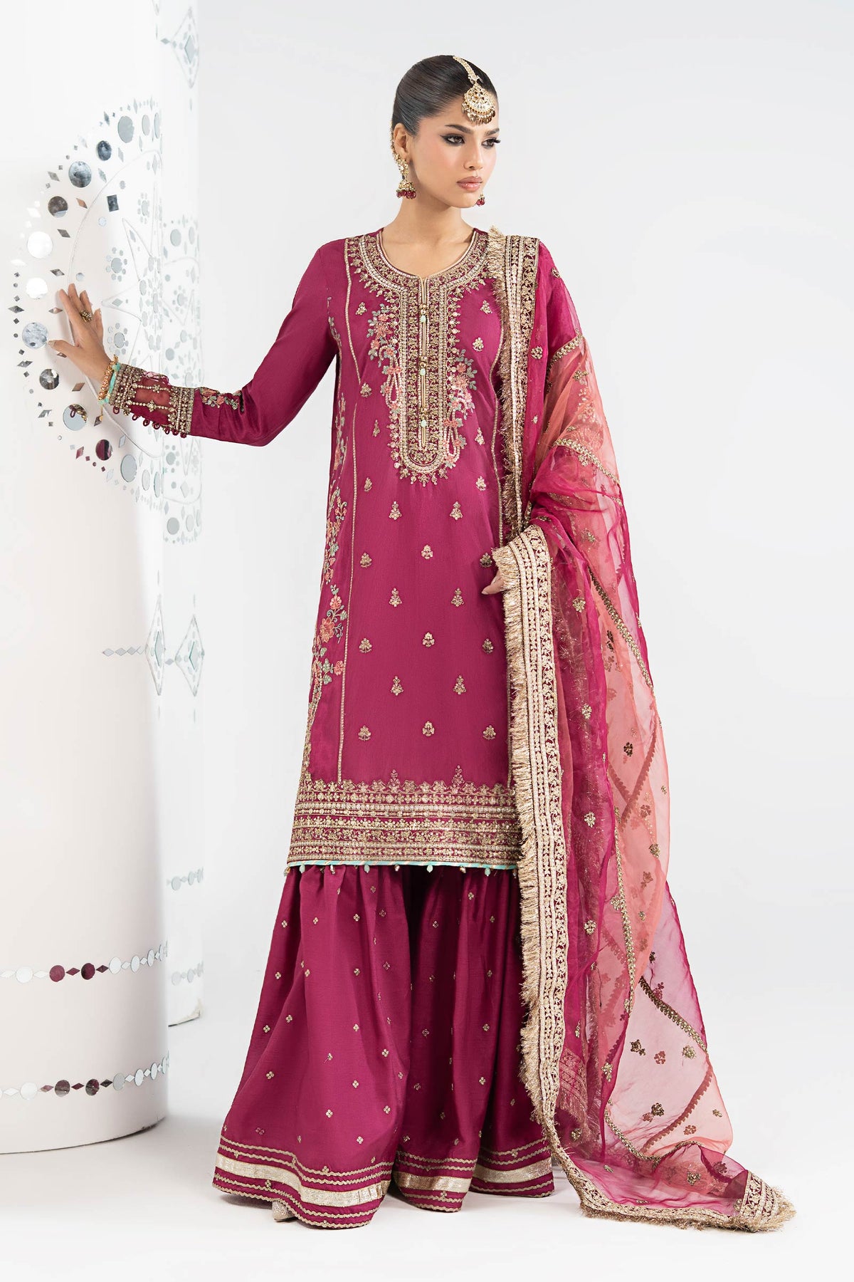 3 Piece Embroidered Raw Silk Suit - S2502R1-ESM-PNK