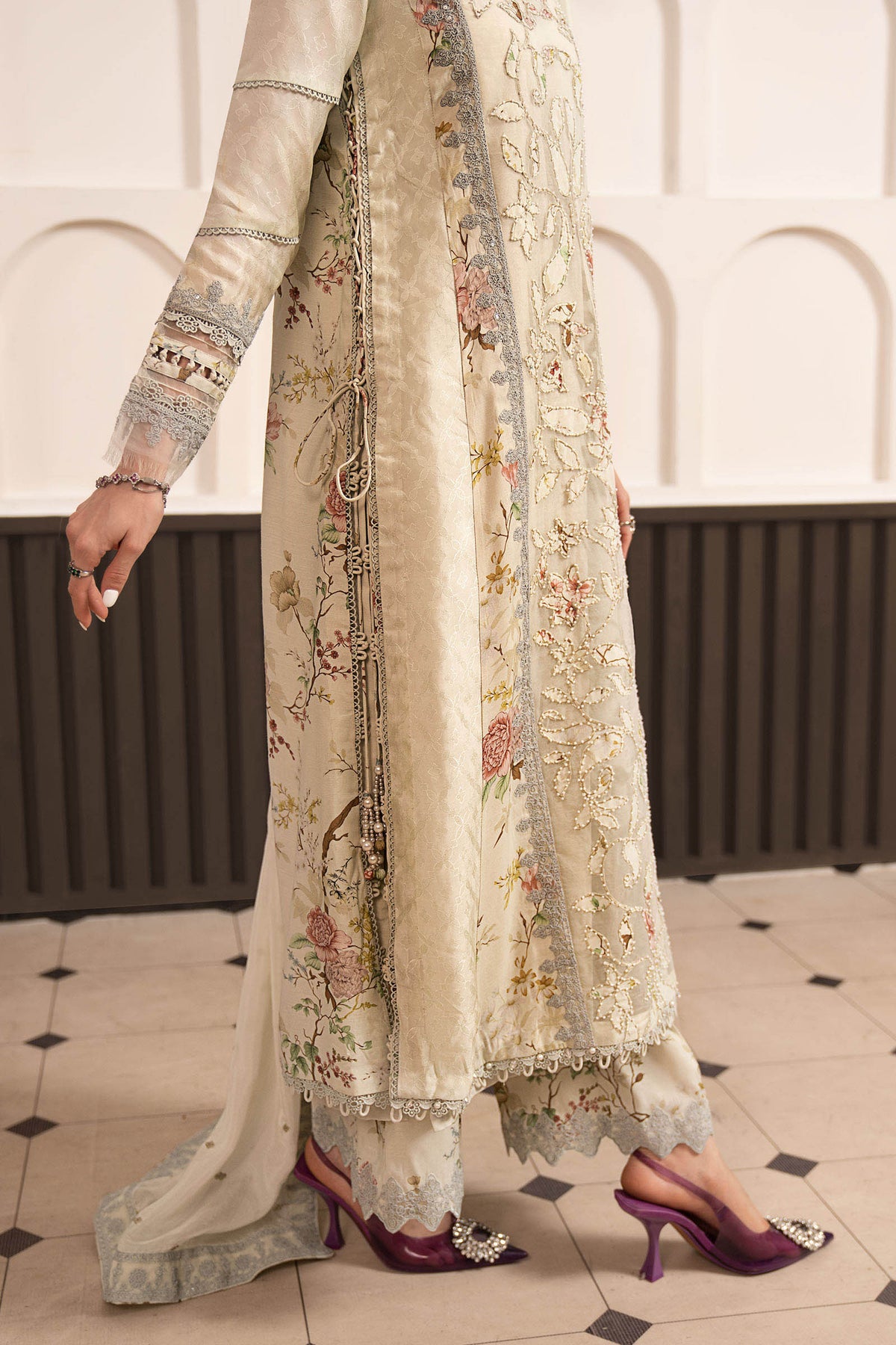 3 Piece Embroidered Raw Silk Suit