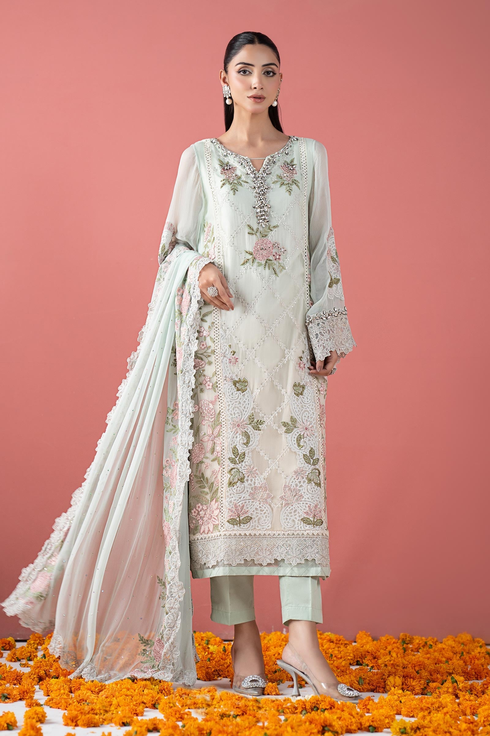 3 Piece Embroidered Chiffon Suit