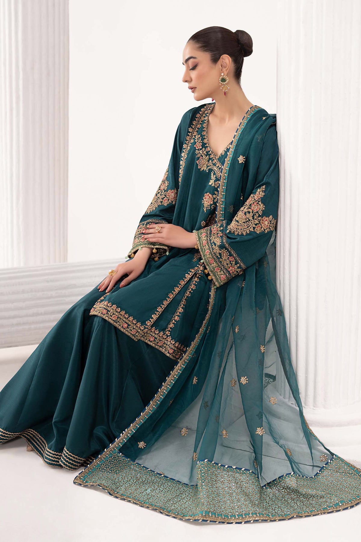 3 Piece Embroidered Raw Silk Suit