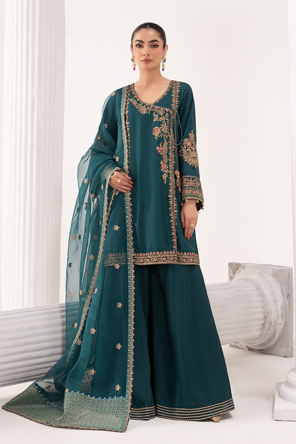 3 Piece Embroidered Raw Silk Suit