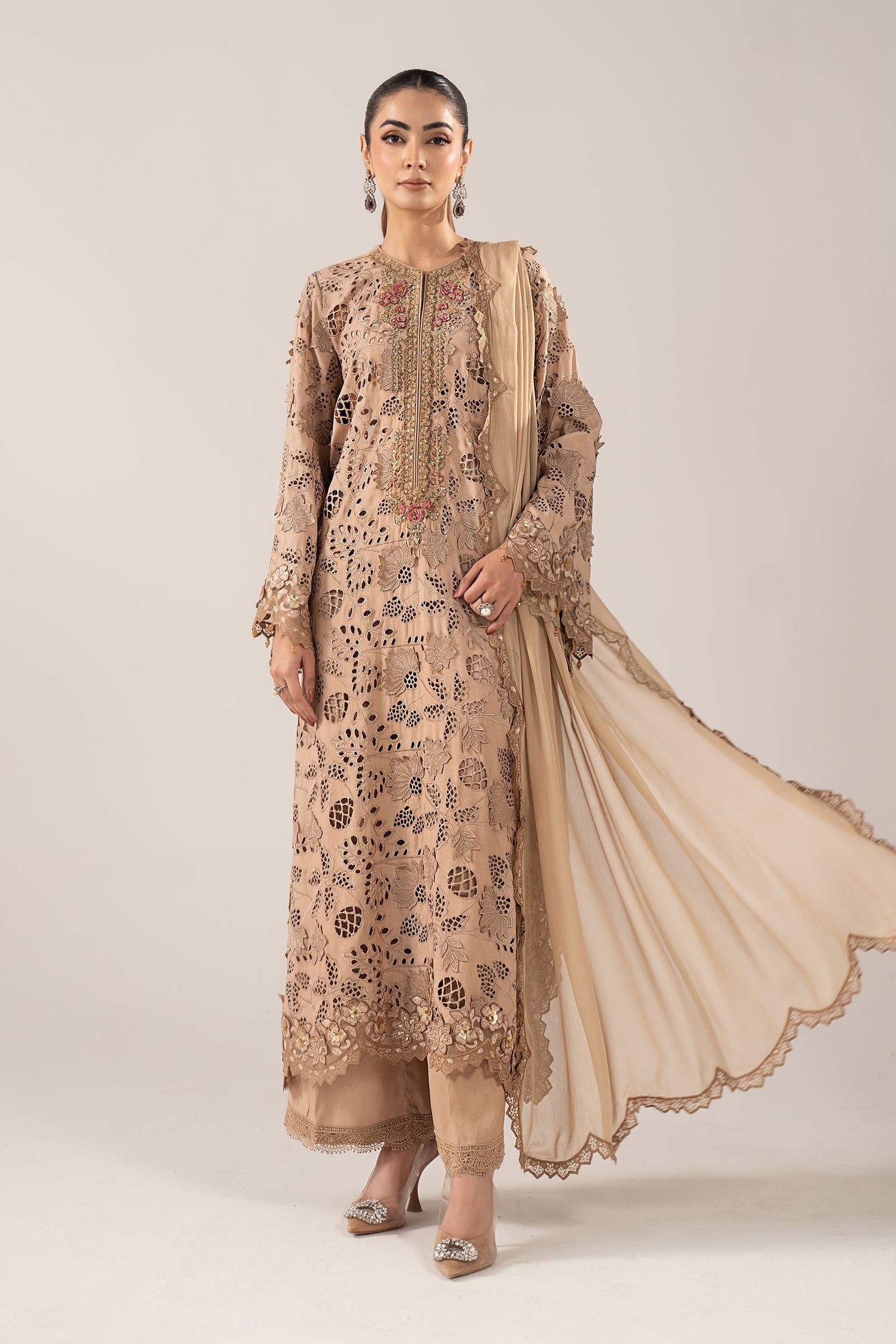 3 Piece Embroidered Raw Silk Suit