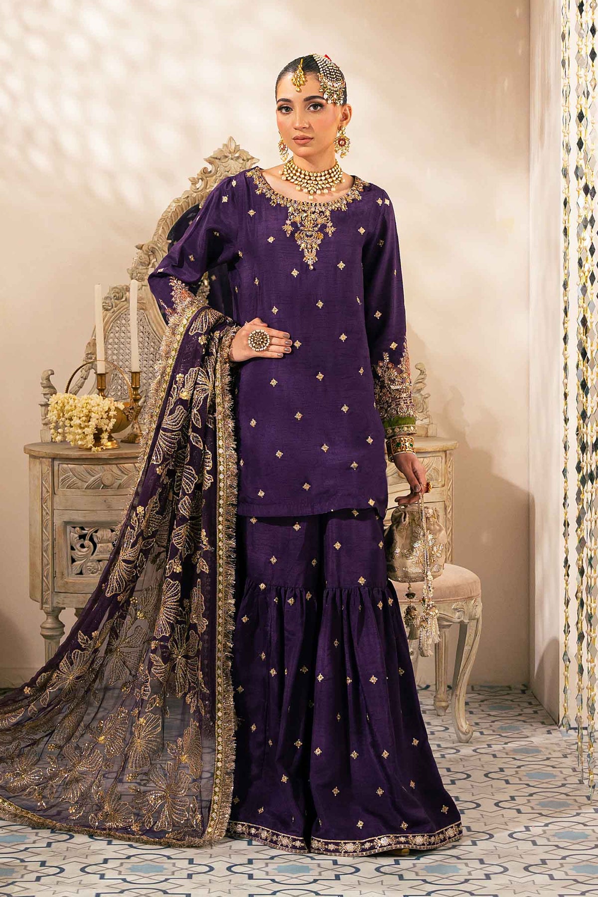 3 Piece Embroidered Raw Silk Suit