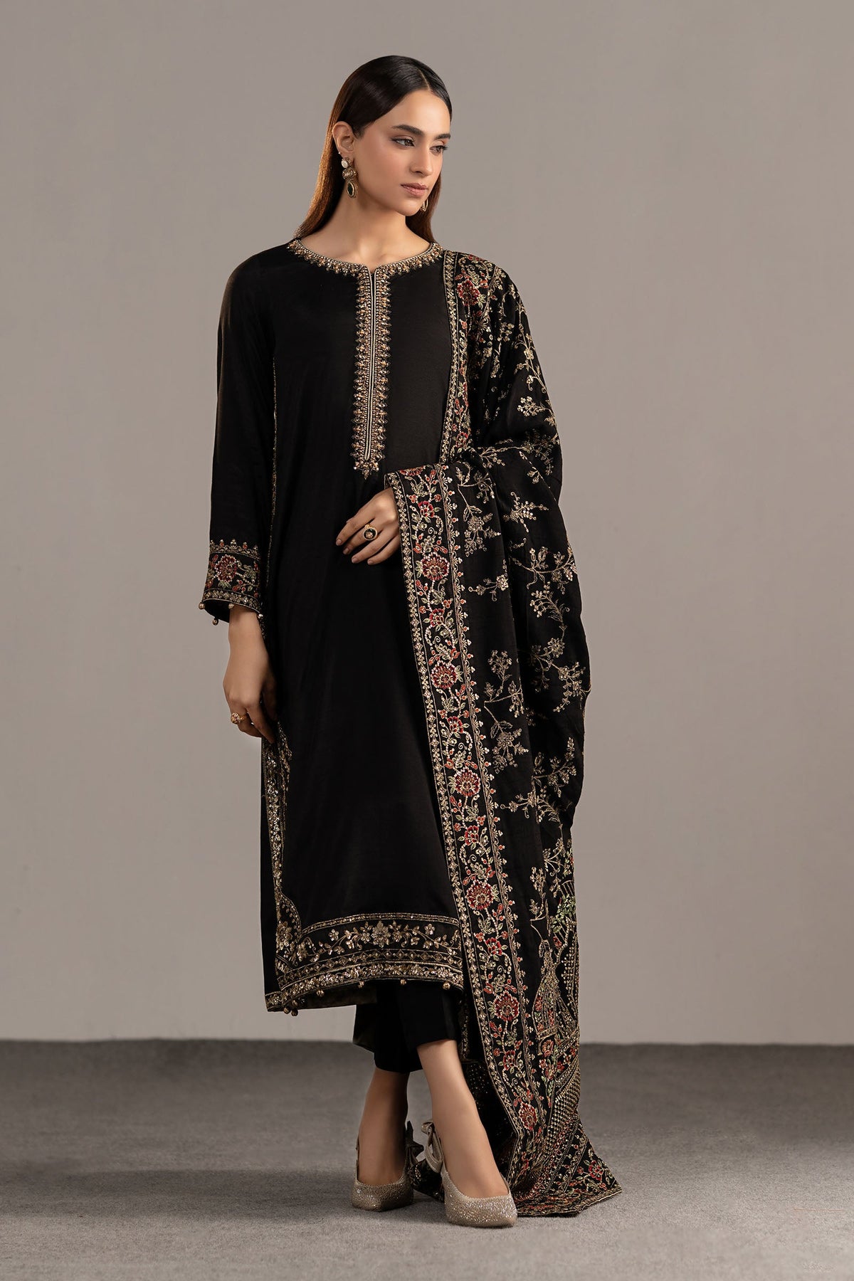 3 Piece Embroidered Raw Silk Suit