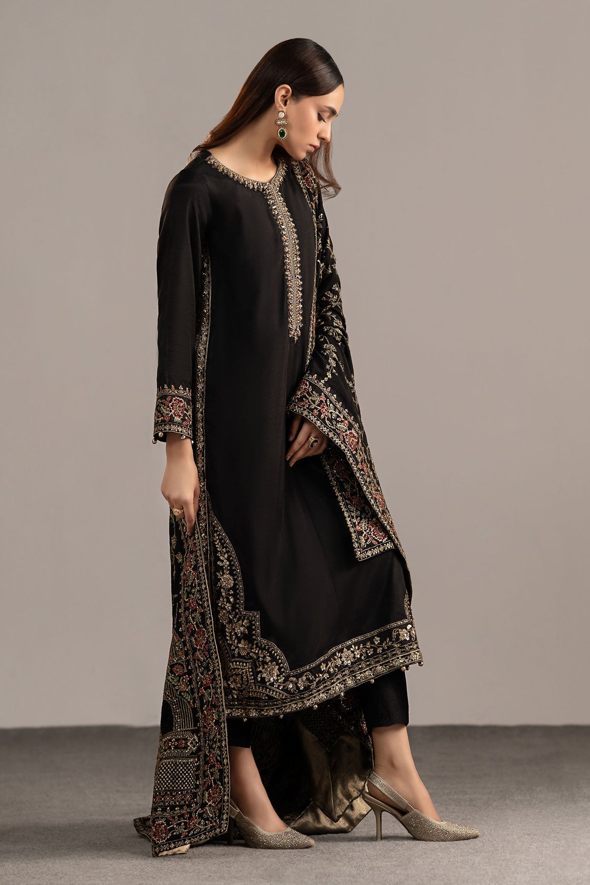 3 Piece Embroidered Raw Silk Suit