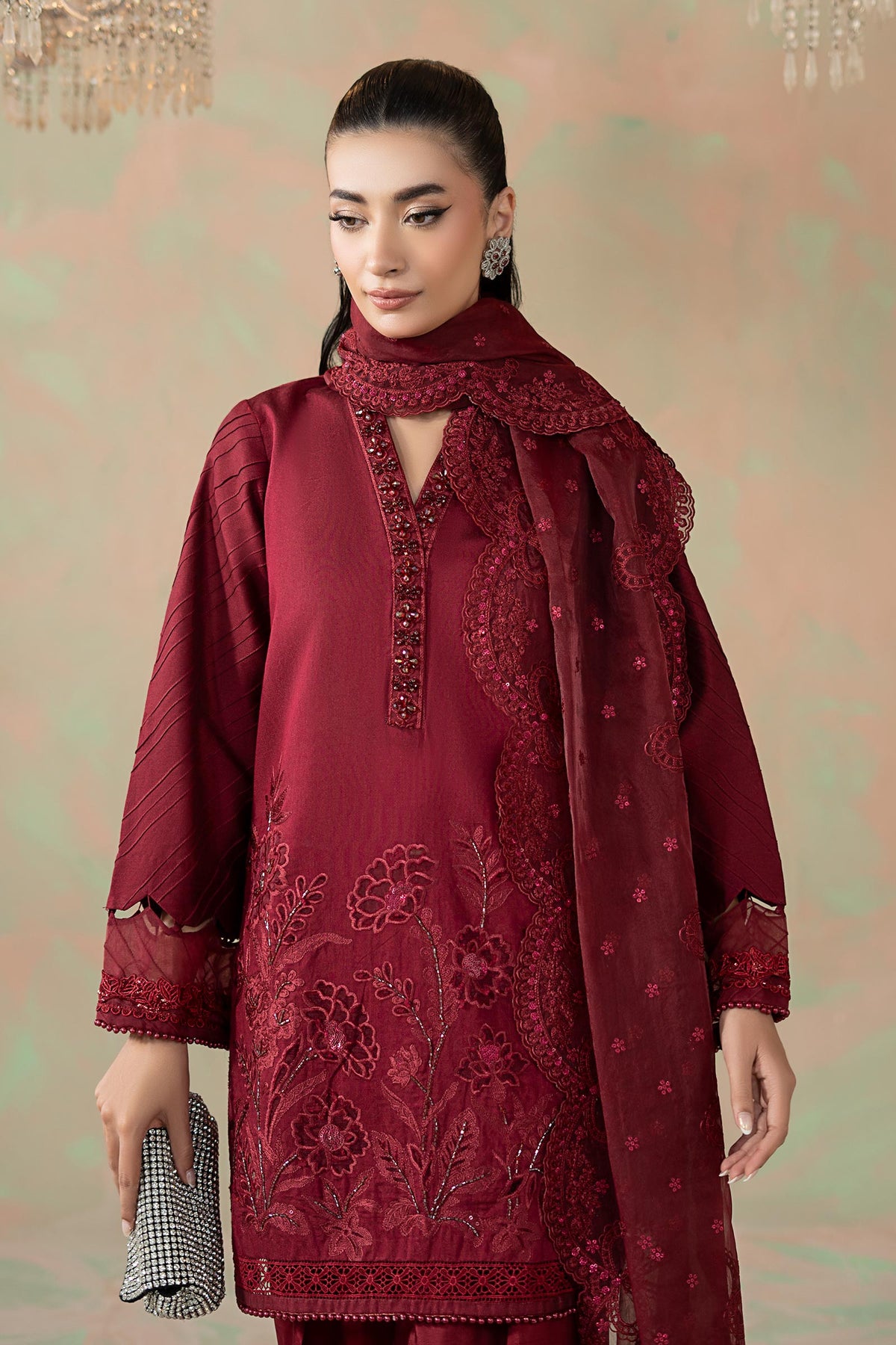 3 Piece Embroidered Silk Net Suit