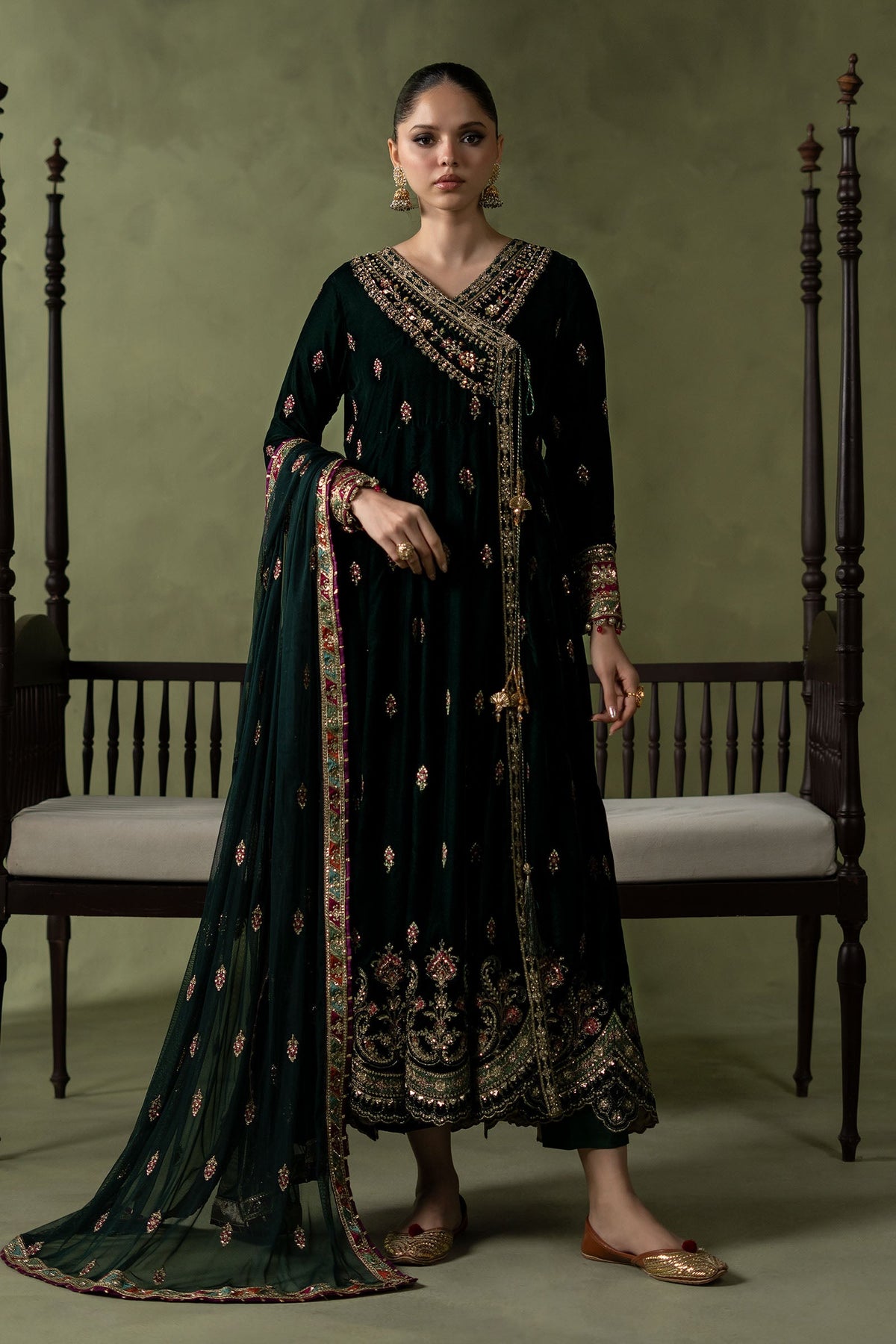 3 Piece Embroidered Velvet Suit - SFW2636-ESM-GRN