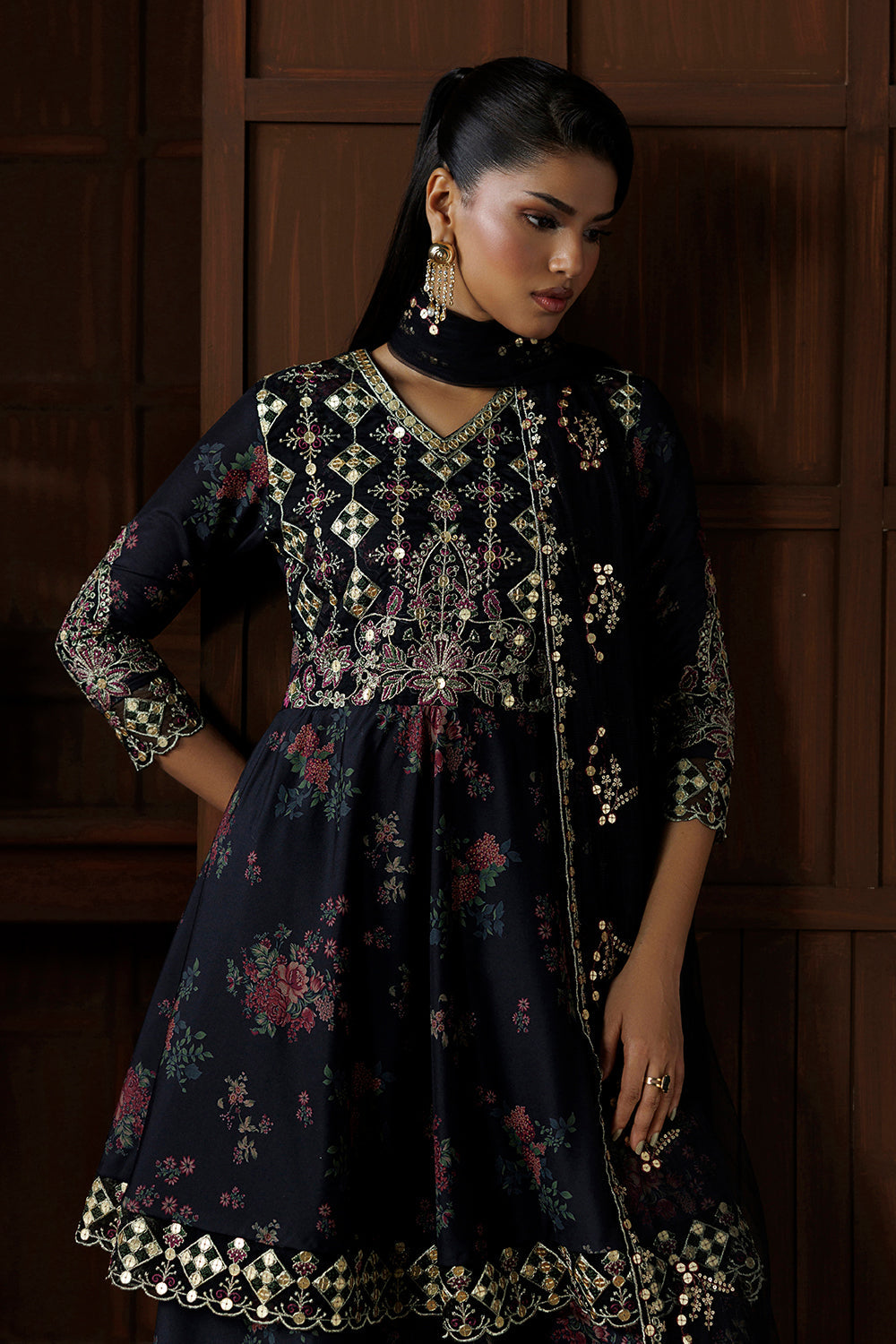 Charcoal Black Embroidered Silk Blend 3 Piece Suit SL-26-18