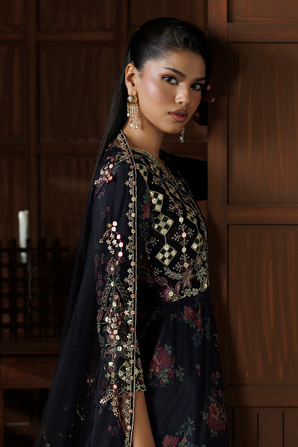 Charcoal Black Embroidered Silk Blend 3 Piece Suit SL-26-18