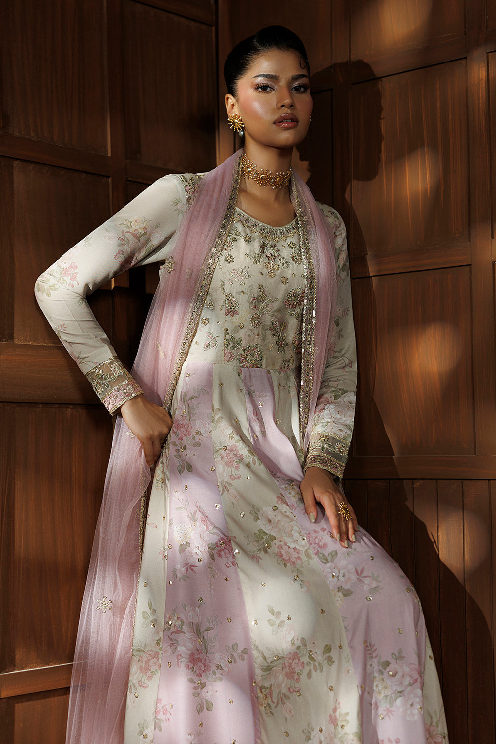 Beige and Lilac Pink Embroidered Silk Blend 3 Piece Suit SL-26-20