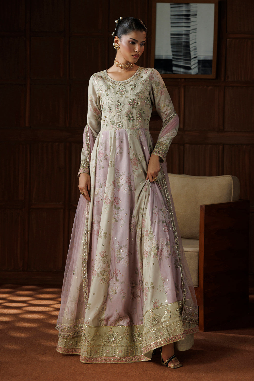 Beige and Lilac Pink Embroidered Silk Blend 3 Piece Suit SL-26-20