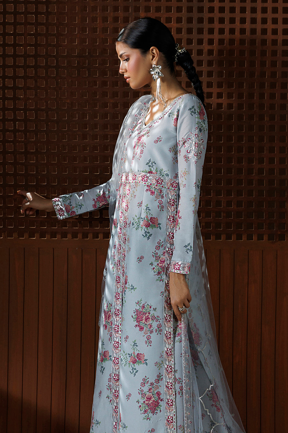 Ice Grey Embroidered Silk Blend 3 Piece Suit SL-26-21